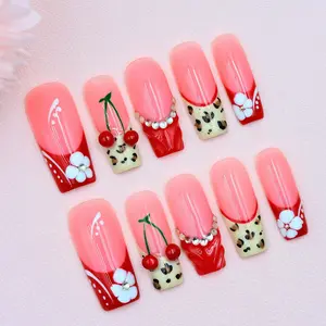 Premium Handmade Medium Square Press On Nails Colorful Contrasting 3D Flowers Unique Shapes Glossy Finish for Bridal Party Outfit Gel X Tips nail handmade duckbill shape nail soft pink base finger nail pressure relief drill easter summer