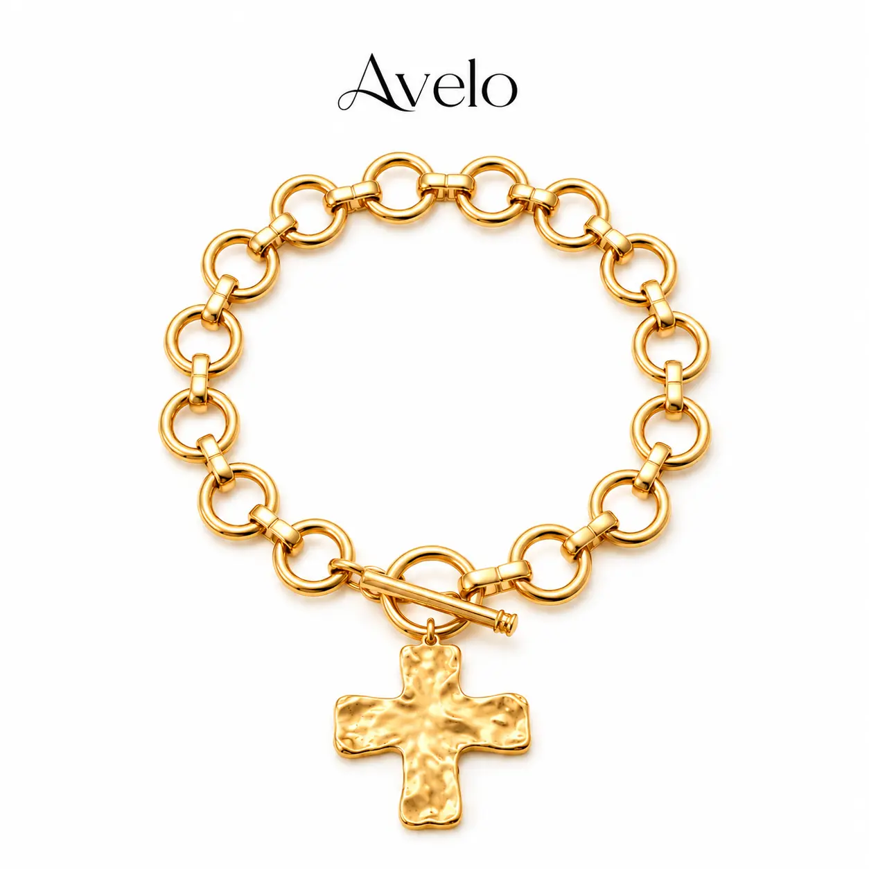 Hammered Cross Charm Bracelet for Women, Chunky Link Chain Toggle Bracelet, Gold & Silver Tone Statement Bracelet, 6.69 in Religious Jewelry Gift