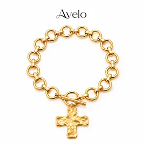 Hammered Cross Charm Bracelet for Women, Chunky Link Chain Toggle Bracelet, Gold & Silver Tone Statement Bracelet, 6.69 in Religious Jewelry Gift