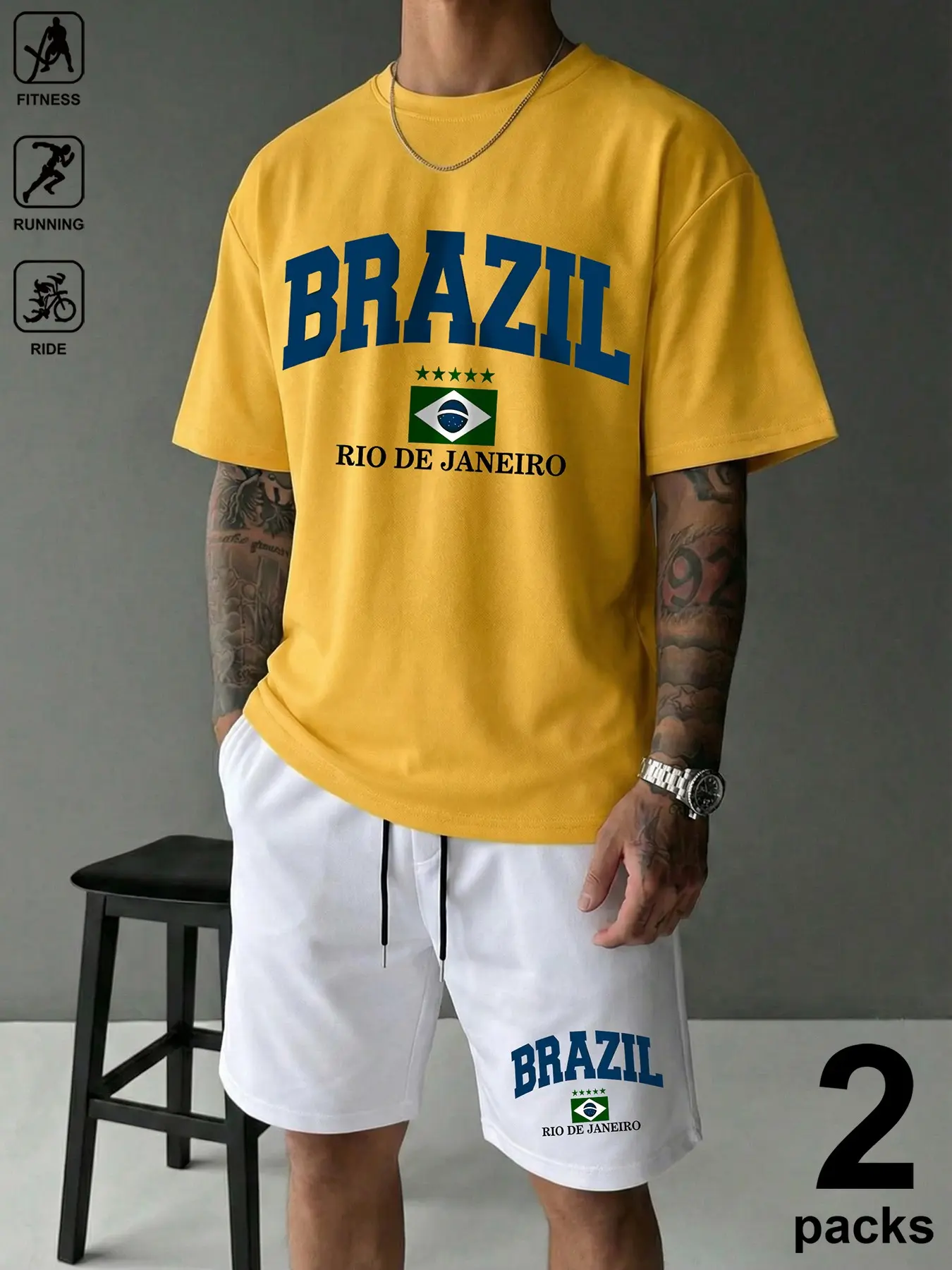 Men's Four-Season Brazil Soccer Jerseys Set, Breathable Elastic Fitness Short Sleeve 2-Piece Sportswear Set, Sporty Casual Streetwear