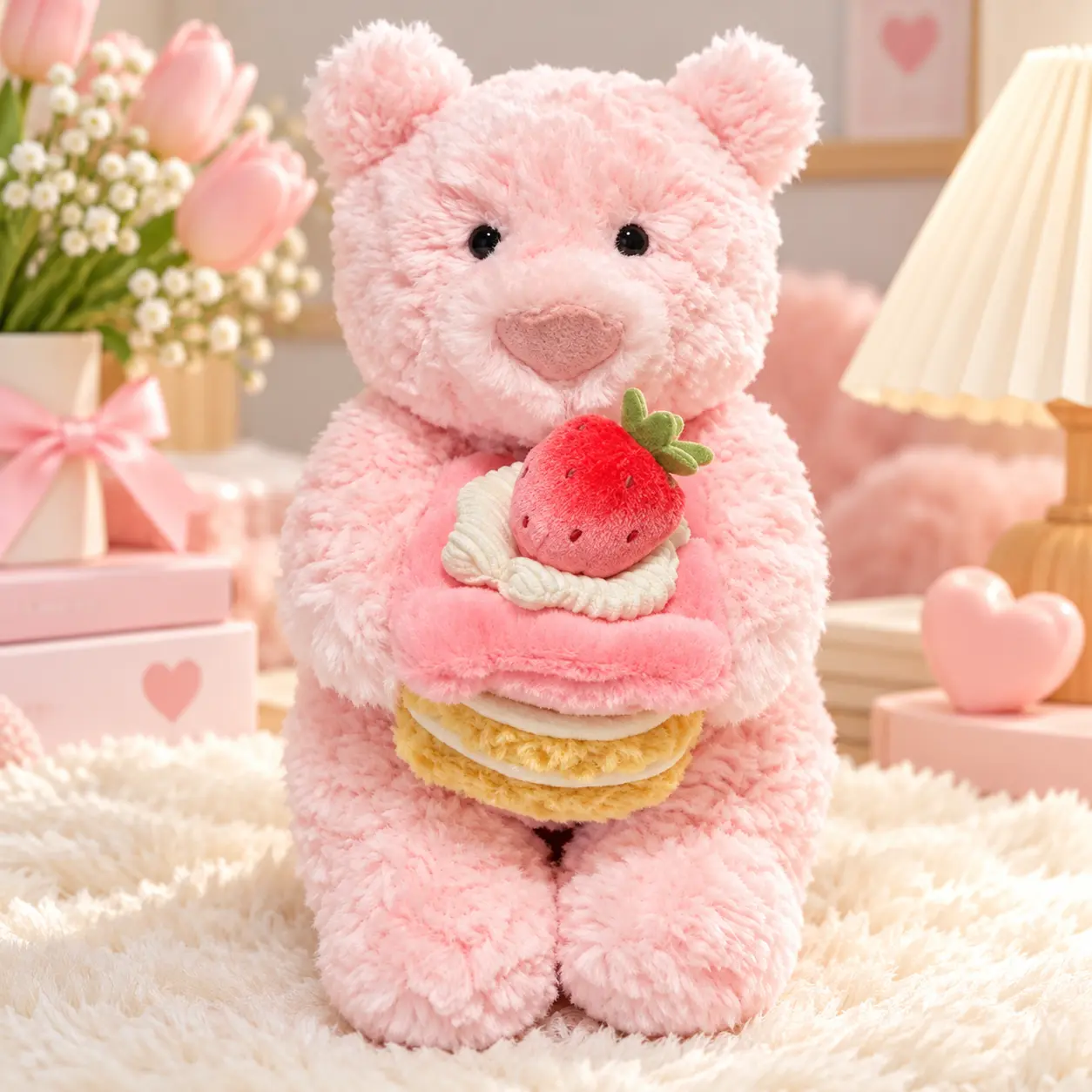 Jellycat Cute Pink Bear Plush Toy Holding Strawberry Cake Soft Fluffy Stuffed Animal Birthday Gift