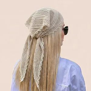 95x20cm Crochet Lace Triangle Head Scarf for Women French Retro Hollow Out Knit Bandana Vintage Hair Wrap Lightweight 24g Hair Accessories Sweet Mesh Floral Neck Scarf Cottagecore Aesthetic Handbag Decor Gift for Her