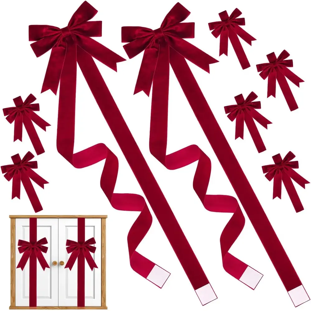 Christmas Velvet Ribbon Bow Decorations Set, Large Knobs Easy Installation Kitchen Cabinet Door Ribbons, Fireplace Holiday Decoration
