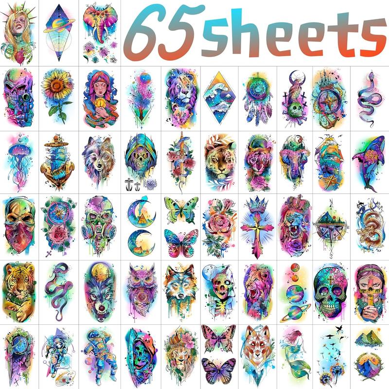65/66 Sheets Watercolor Temporary Tattoos For Men Women Forearm Shoulder Legs Body Arm, 12 Sheets Long Lasting Lion Tiger Wolf Dragon Ealge Fake Tattoo Sleeve Adults, 53/54 Sheets Small Tatoos Kids