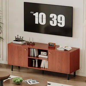 Walnut 55in TV Stand for TVs Up to 65", Fluted Media TV Console Entertainment Center with 2 Doors and Adjustable Shelf Soft Close Hinges for Living Room