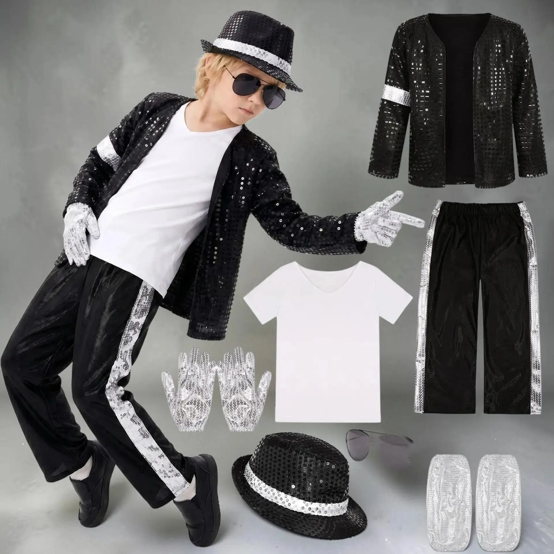 Full Set MJ Kids Cosplay Dance Star Costume Set Metallic Shiny 80s 90s Stage Party Outfit Children Costume