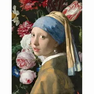 5D Full Drill Diamond Painting Kit - Creative "Girl with a Pearl Earring" & Floral Collage Art, Johannes Vermeer Classic Portrait, Rich Dutch Golden Age Painting Style, Round Acrylic Diamonds, Fine Art Themed DIY Art for Home Wall Decor