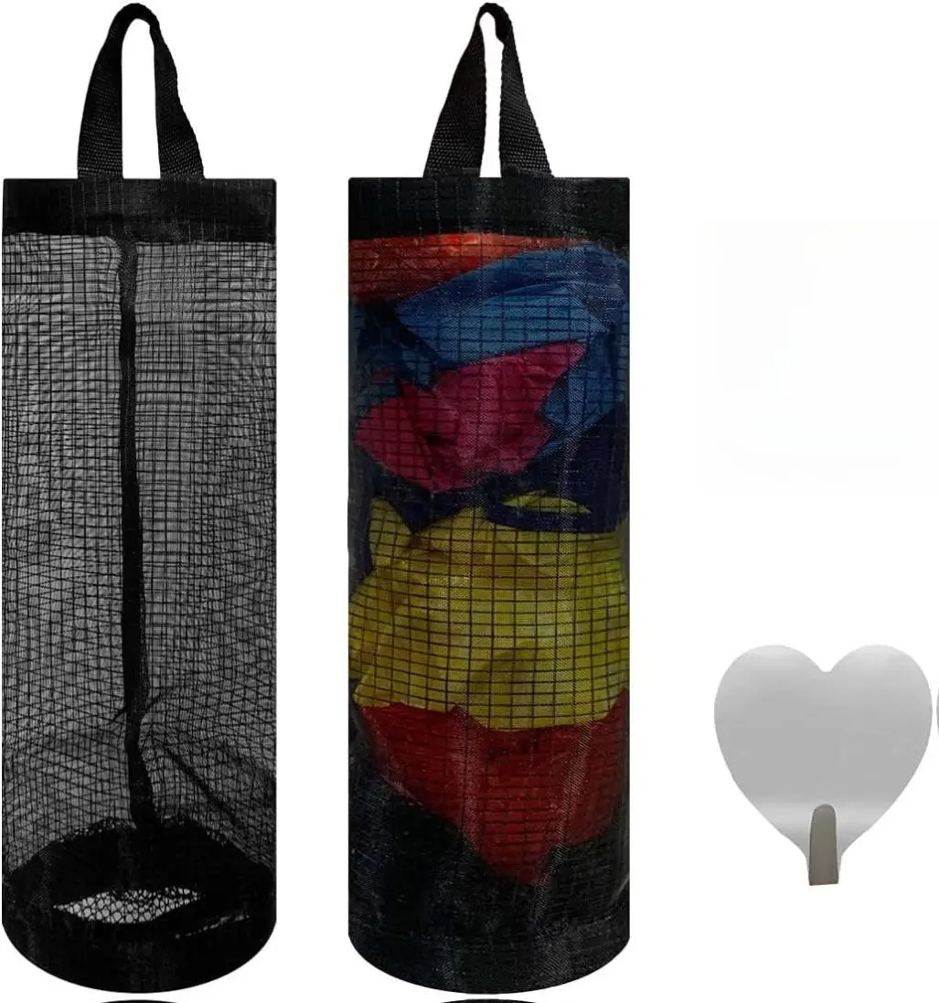 2-Piece Plastic Bag Organiser for Home Supplies, 6.7x18.3in Hanging Mesh Design Dispenser with Adhesive, 2 Hooks, Durable Nylon, Adjustable Hole Size, Foldable, Breathable, Easy Installation for Kitchen, Bathroom