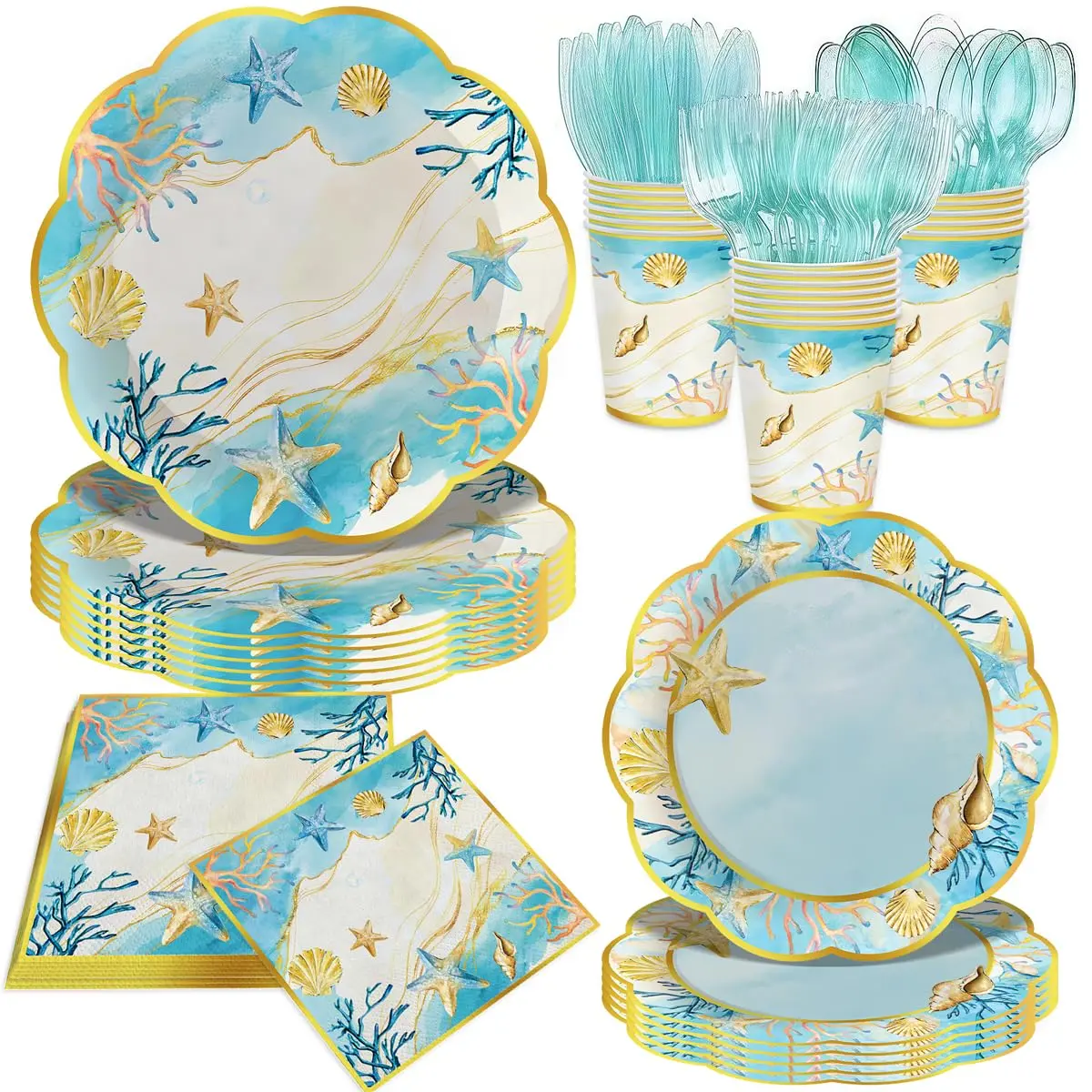 140Pcs Thick Disposable Coastal Theme Party Supplies Set - Shells, Ocean Plates, Napkins, Utensils for 20 Guests, Ideal for Beach Birthday & Baby Shower Home Festive Tableware
