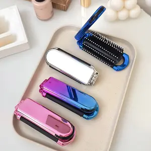 Foldable Mirror with Comb, 1 Piece Portable Cushion Massage Comb for Men and Women, Compact Travel Hair Brush for Daily Use, Hair Detangling Comb