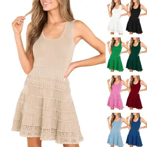 Imily Bela Womens Summer Mini Dresses Casual Crewneck Knitted Crochet Hem Flowy Tank Sundress  Sleeveless sundress prom dress