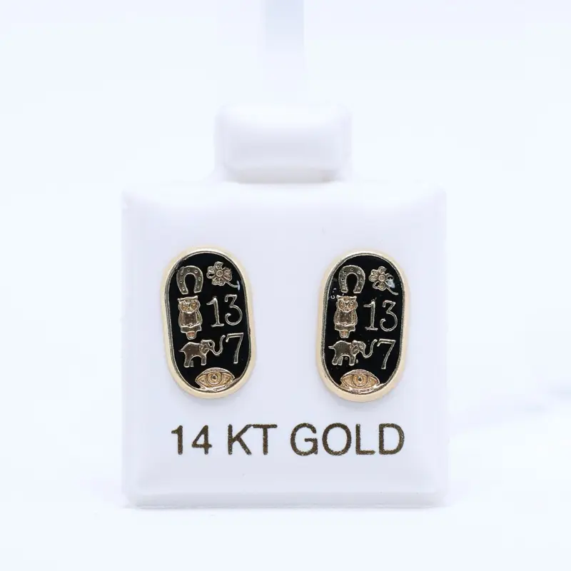 14KT Gold Oval Lucky Symbol Screw on Ball Earrings - Black Background, Lucky Earrings