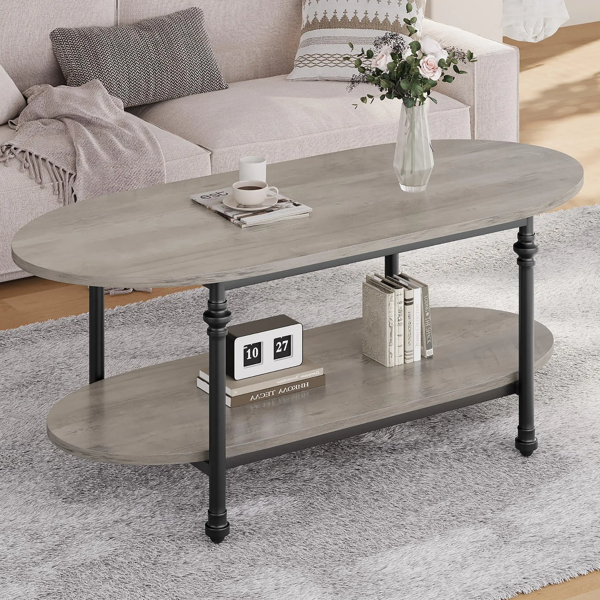 GAOMON Oval Coffee Grey Table Unique Tea Table 47.2" Cocktail Table Low Storage Coffee Table 2 Tier Vintage Center Table for Living Room Office Rustic Mid Century