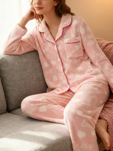 Women's Cozy Two-Piece Plush Pajama Set with Star Pattern & Pocket Design Pink Homewear Nightwear Top & Bottom Set for Winter Nights Loungewear Casual Chic Elegance Stitch Womenwear Long Sleeve Pjs