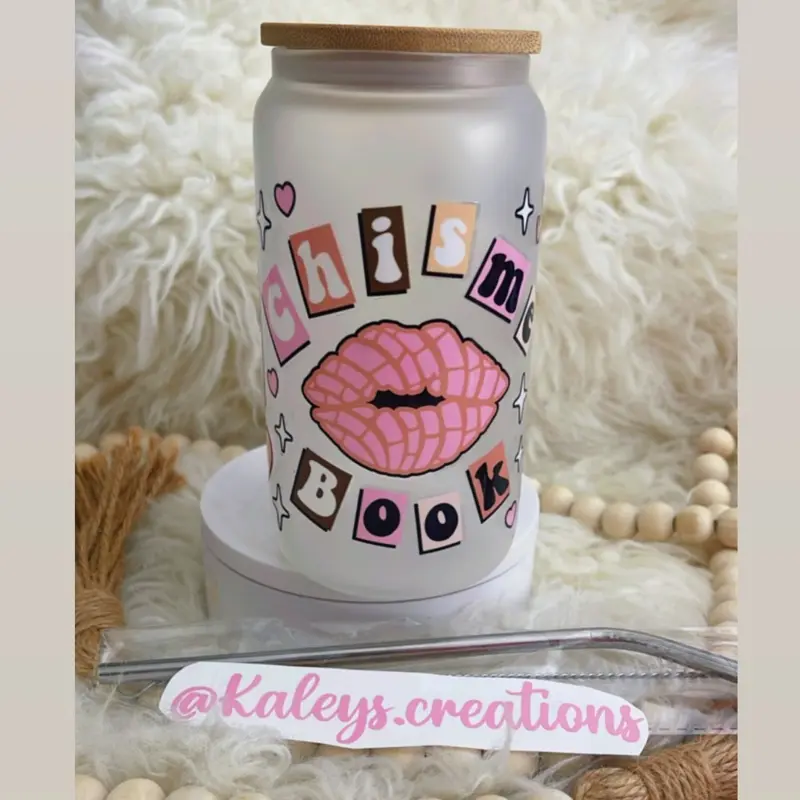Frosted Libbey Glass Cup Chisme Book Cafecito 16oz with Heart and Letter Design