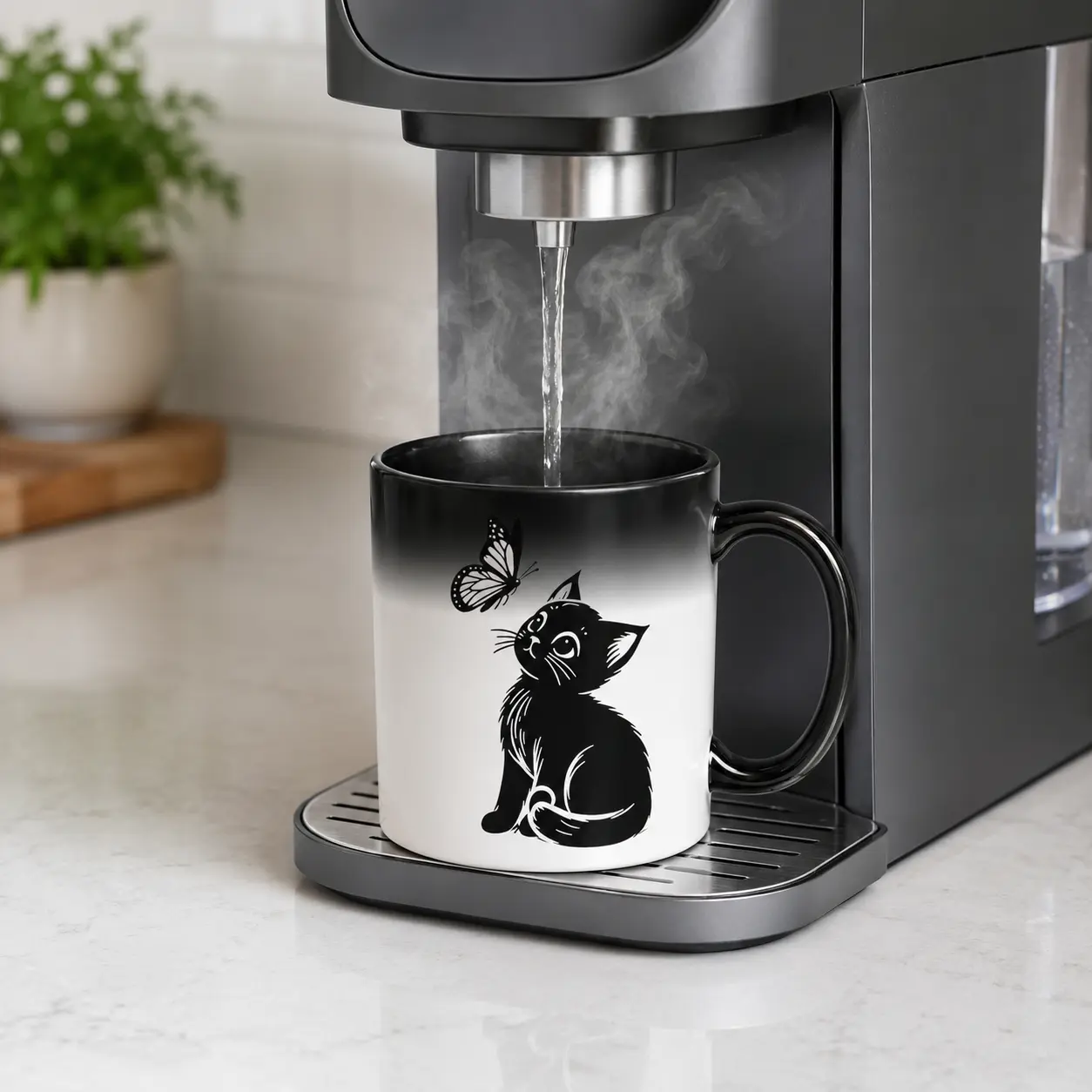 Heat Activated Cat Mug, 11oz Color Changing Ceramic Coffee Cup with Black Cat and Butterfly Art, Magic Mug Gift for Cat Lovers and Women
