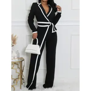 Women’s patchwork print belted jumpsuit/overalls, elegant long-sleeve jumpsuit for work, office, and business, ladies’ fall and winter clothing