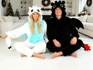 Couple's Black & White Dragon Onesie Pajamas - Plush One Piece Costume for Adults, Christmas & Cosplay Couple's Black & White Dragon Onesie Pajamas - Plush One Piece Costume for Adults, Christmas & Cosplay