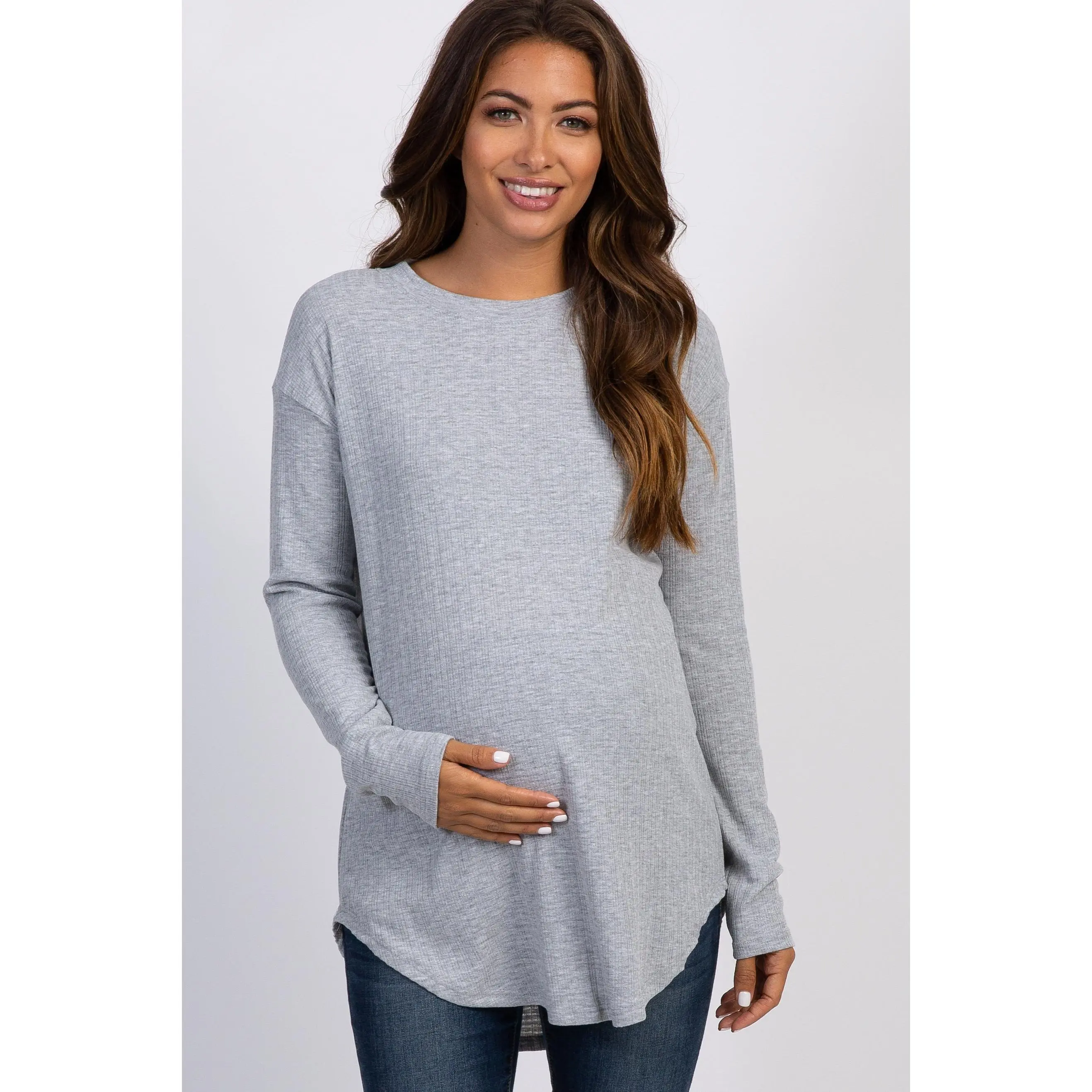 Heather Grey Long Sleeve Ribbed Maternity Top