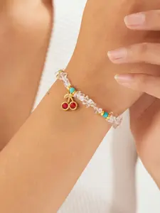 Stainless steel delicate crystal chip cherry charm bracelet for women