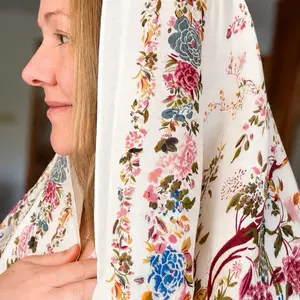 Viscose Orthodox Head Covering | Pink Blue Floral Border, Trees and Birds | Breathable Soft Summer Scarf: Lightweight Shawl
