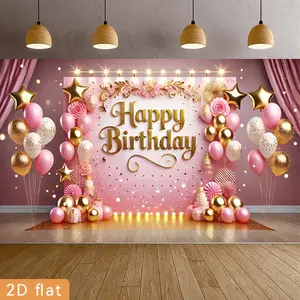 1PC2D birthday party banner, polyester material, pink castle background cover, Shimmer wall backdrop, suitable for indoor and outdoor decoration, birthday party decoration, courtyard decoration, photography background decoration,