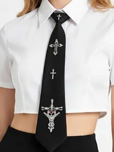 Pre-Tied Tie with Cross Metal Decoration, Satin, Cross Wrap Tie, Essential for Shirts, Uniforms, Parties, Daily Wear, Elegant Party Accessory