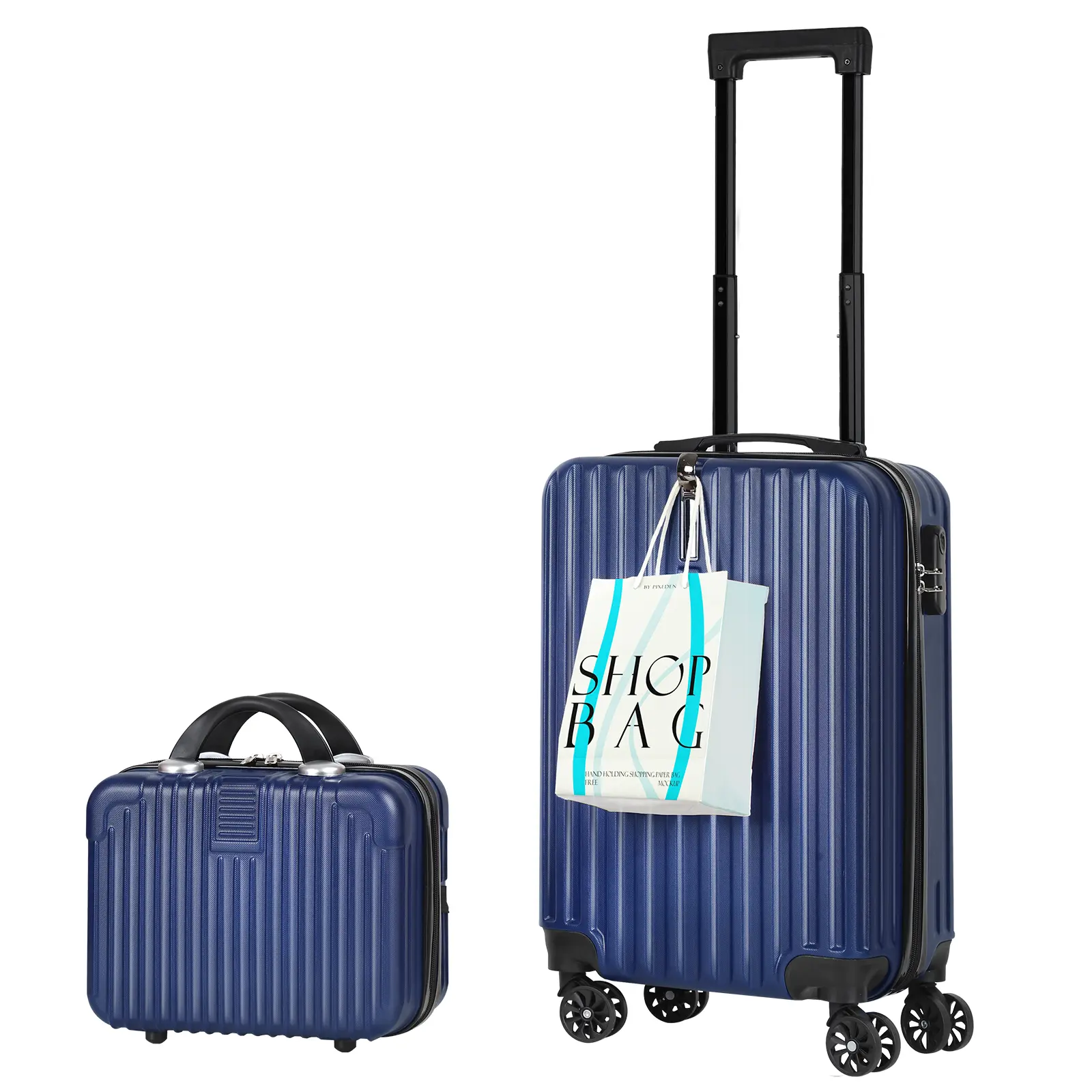 Navy Blue Airline-Approved 2-In-1 Hardside Carry-On Luggage Set - ABS Hard Shell Trolley Suitcase With 14in Multi-Purpose Cosmetic Case, Digital Code Lock, 360° Silent Spinner Wheels, Large Spacious Interior, Front Bag Hook For Travel