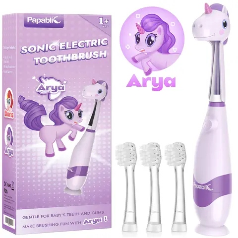 Papablic (Arya) Toddler Sonic Electric Toothbrush for Ages 1-3 Years, Kids Electric Toothbrush, 4 Brush Heads, Unicorn Cover, Smart LED Timer, Lightweight Travel Oral Care, Baby Toothbrush, Gentle Clean, Toddler Christmas Gifts, #TikTokShopFallDealsForYou