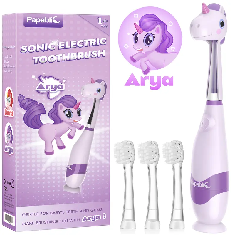 Papablic (Arya) Toddler Sonic Electric Toothbrush for Ages 1-3 Years, Kids Electric Toothbrush, 4 Brush Heads, Unicorn Cover, Smart LED Timer, Lightweight Travel Oral Care, Baby Toothbrush, Gentle Clean, Toddler Christmas Gifts, #TikTokShopFallDealsForYou
