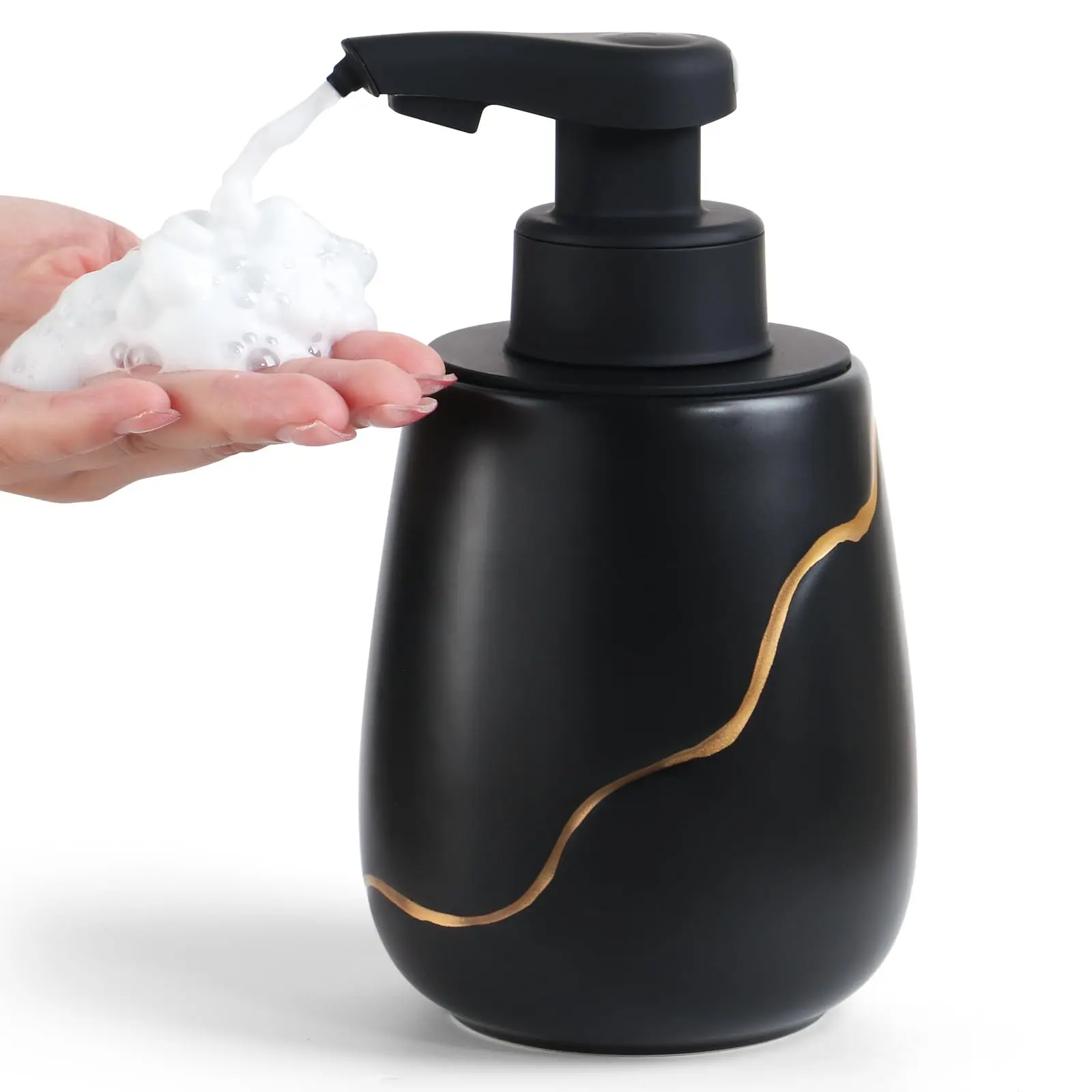 BosilunLife Touchless Automatic Foaming Soap Dispenser, Black Ceramic Smart Electric Model for Bathroom, Waterproof USB-C Rechargeable 17 oz/500 ml Dispenser campingessentials