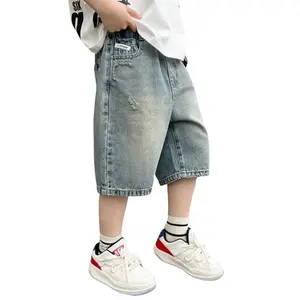 Boys' Fashion Cowboy Midpants Boys' Children's Middle And Large Children's Summer Retro Trend Broken Hole Street Loose Wide Leg Simple Versatile Casual Pants Holiday Gift Selection Suitable for Daily Outdoor Wearing