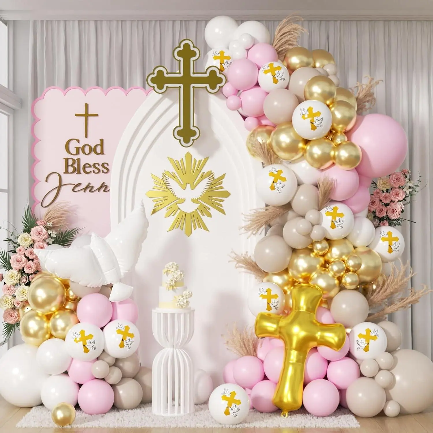 First Communion Balloon Garland Kit 153Pcs, Girl Baptism Balloon, First Holy Communion Decorations, Different Size Pink Gold White Balloon For First Holy Communion Baptism Theme Party Decor
