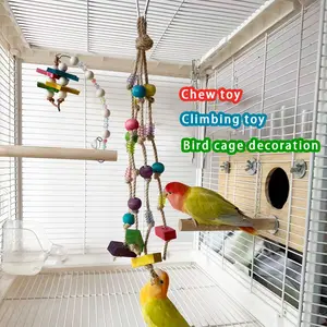 Natural Hemp Rope Parrot Toy Set, Includes Colorful Wooden Beads and Acrylic Decorations, Durable Bird Cage Chew Play Accessory