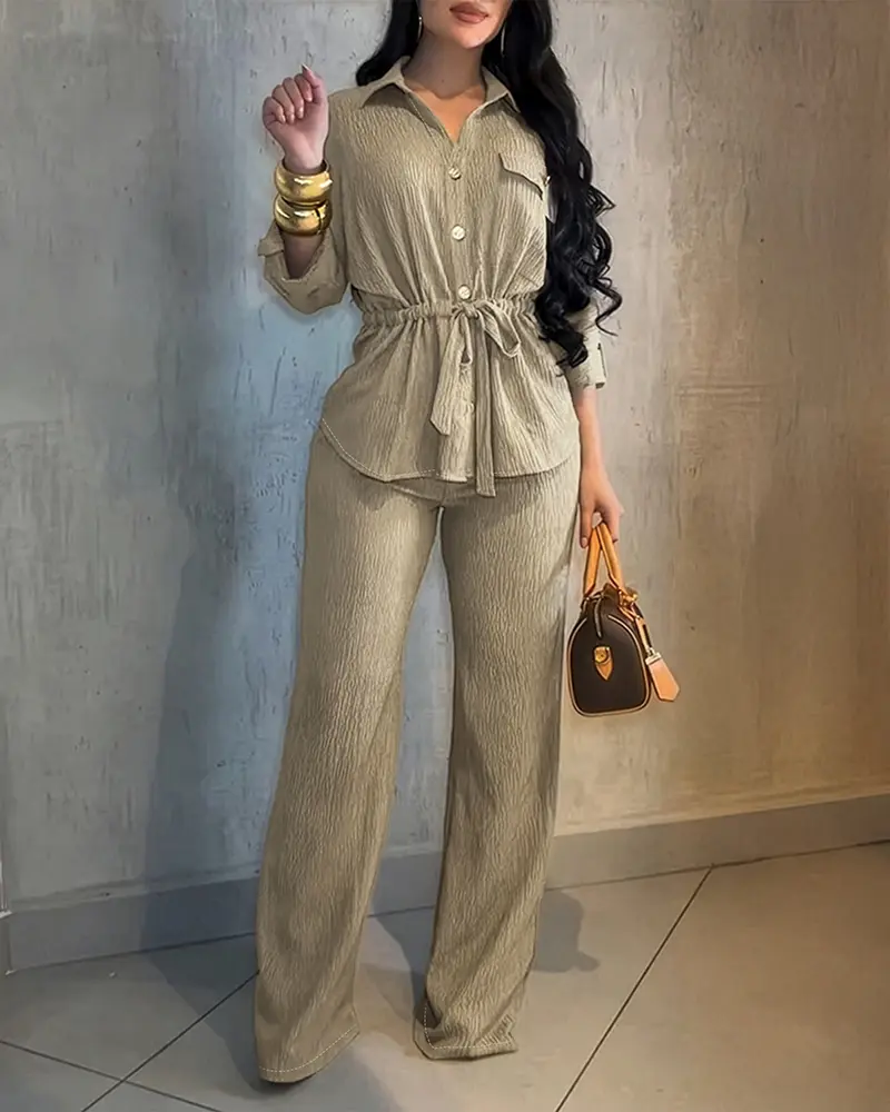 CHICME Women's 2 Pieces Outfit Vintage Turn-down Collar Roll Up Sleeve Button Front Flap Pocket Design Waist Drawstring Top and Elastic Waist Wide Leg Pants Set Casual Textured Commuting Set