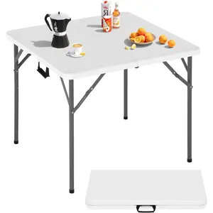 34 Inch Square Folding Table - Heavy Duty Portable Card Table for Indoor & Outdoor, Compact PVC Tabletop with Sturdy Metal Frame, Multi-Purpose for Dining, Parties, Backyard, Poolside, Balcony (White)