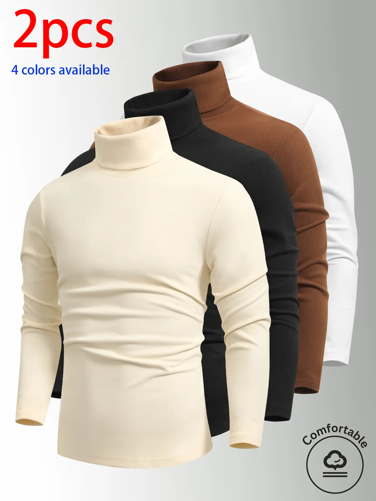 2-pack men’s high-neck long-sleeve tops: men’s terry high-neck base layer shirt, stretchy fabric that isn’t tight, solid-color long-sleeve layering top—basic style. High-neck design provides wind protection and temperature retention. Suitable for commutin