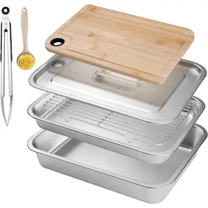 Grilling Prep and Serve Trays,Stainless Steel Large Capacity  Prep Trays with Lid,  Board Cooling Rack  Tongs and Cleaning Brush,BBQ Accessories