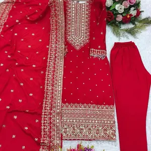 Red Top, Bottom and Dupatta Set for Women - Overalls, Womenswear ( no return )