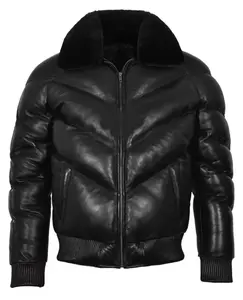 Men's Ace Puffer Leather Jacket Black Sheepskin Soft Collar WARM Bomber Jacket