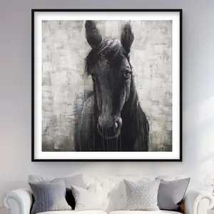 212 MAIN 48x48 in. Black Horse Framed Matted Print Wall Art - Detailed Animal Design, Artistic Photo, Living Room Home Decor Posters & Prints Artwork