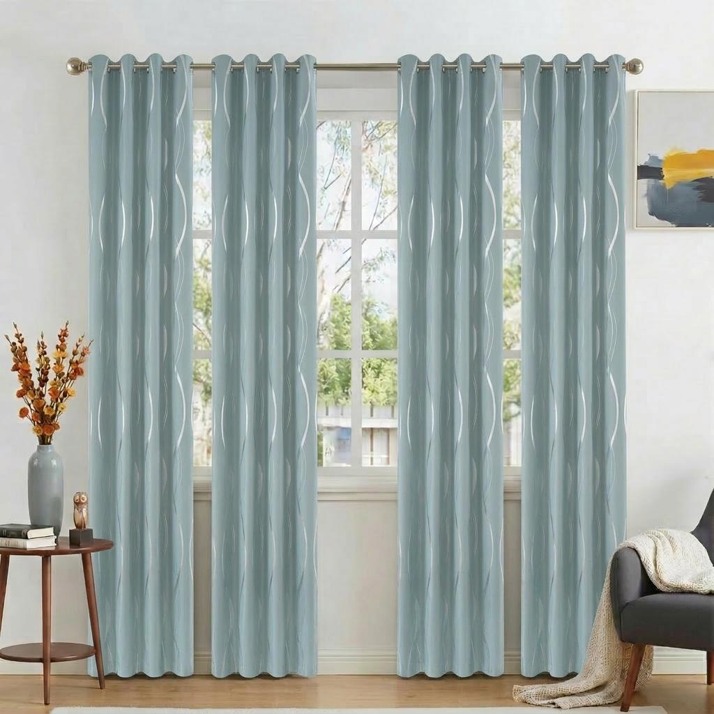 Qianli 4-Panel Navy Blue Blended Fabric Blackout Privacy Curtains, Gold Foil Wave Stripe Print, Wrinkle-Resistant, Fading-Proof, Natural Drape, Fits All Rod Types, Modern Minimalist Room Decor