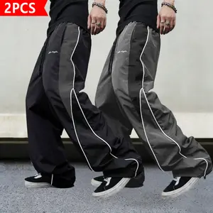 2-Pack Men’s Two-Tone Wide-Leg Pants, Lightweight Parachute Pants with Side Stripes, Elastic Waist Drawstring Streetwear Pants for Hip Hop, Y2K & Everyday Wear