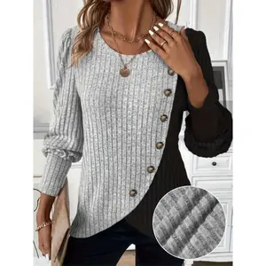 Plus Size Long Sleeve Ribbed Knit Polyester Blend Sweater with Button Detail, Elegant Solid Color Round Neck Pullover, Stretch Fabric, Autumn/Winter Fashion Top Knitwear Womenswear Knitting Spandex