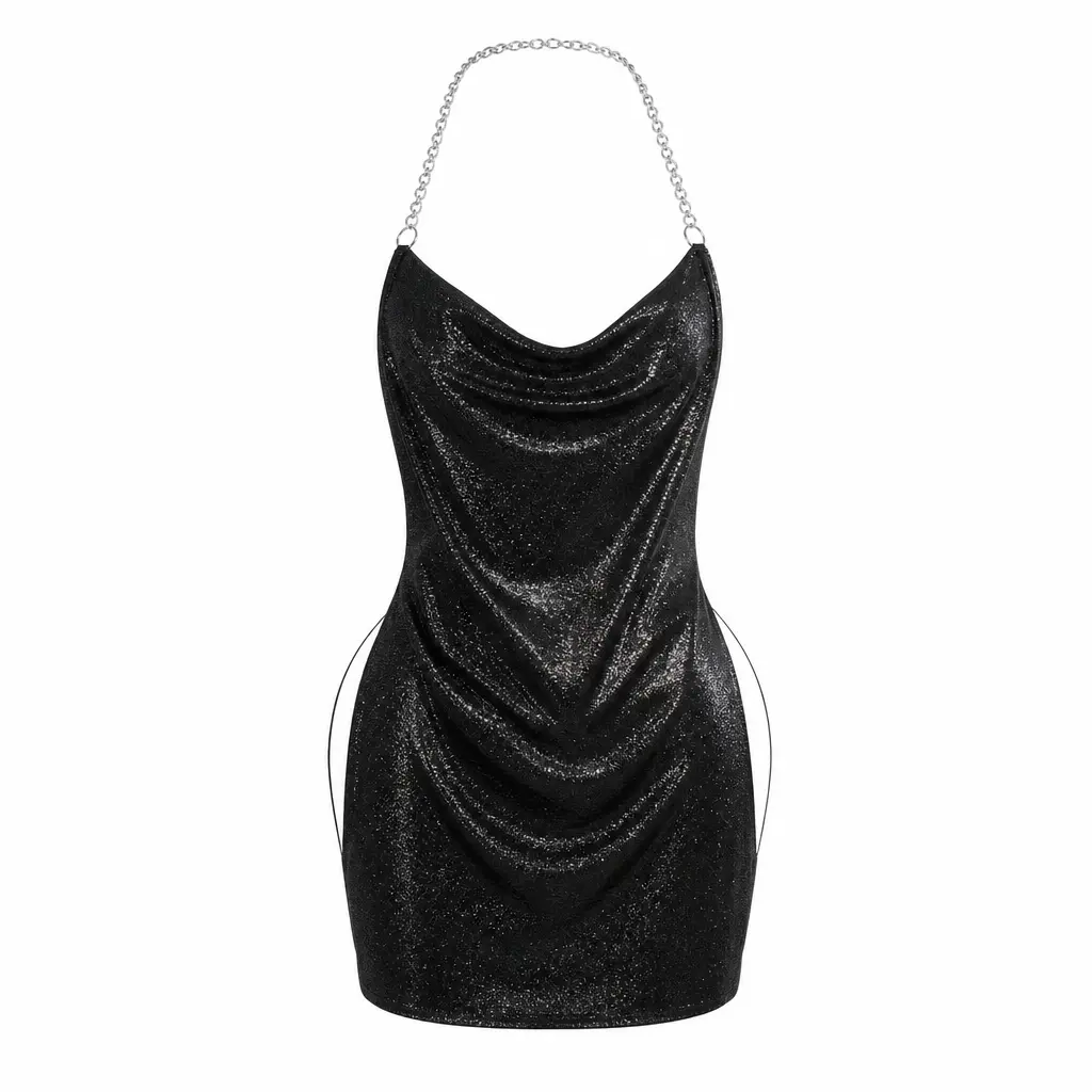 Sparkle Chain Halter Mini Dress Black Glitter Bodycon Party Dress with Cowl Neck Deep Backless and Side Slits for Nightclub New Years Eve Cocktail Date Night