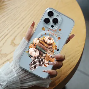 Fall Vibes (Pumpkins, Books, Pumpkin Spice Drink) Transparent Magnetic Phone Case for iPhone 11/12/13/14/15/16/16E | Splash Repellent, Anti-Slip Edges, Good Heat Dissipation Button Silicone