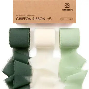 Vitalizart Handmade Chiffon Silk Ribbon Fringe Green & Cream 1.5" x 21 Yd Frayed Edges Ribbons for Wedding Invitations Bridal Bouquets Gifts Wrapping Crafts Holiday Party Decorations wand