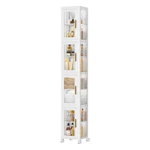 4 Tier Slim Storage Cabinet with Wheels – Tall Plastic Organizer, Adjustable Shelves, Narrow Space Bathroom Kitchen Storage (Clear)