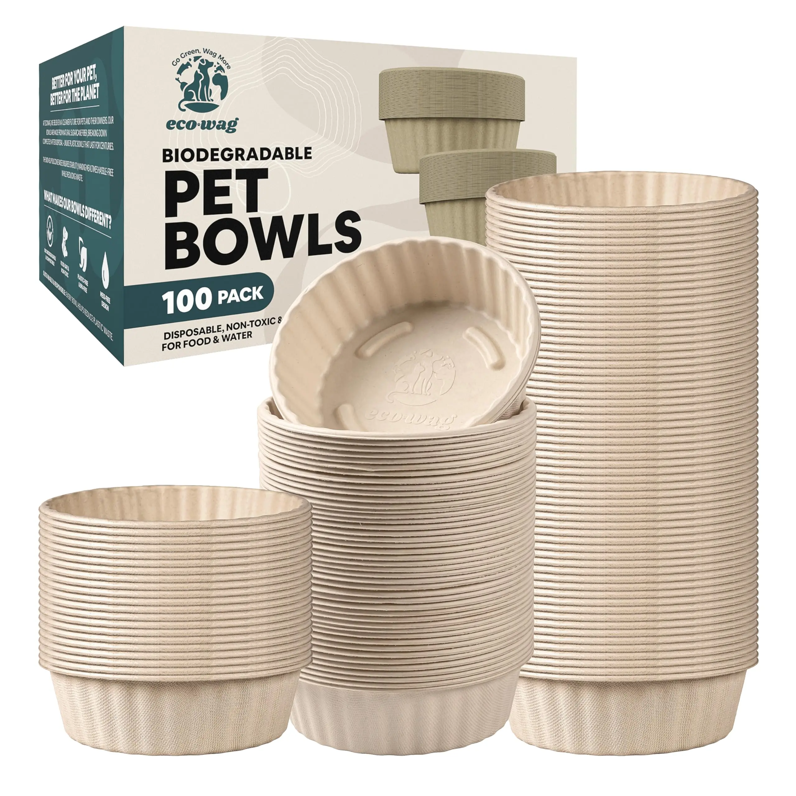 EcoWag Biodegradable Pet Bowls - 100 Compostable Paper Refills for Food & Water, Fits Puppy, Cat, & Large Breed, Heavy Duty Travel Bowl Set for Dogs