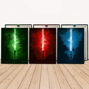 Wooden Framed Canvas Painting, 3 Counts/set Lightsaber Pattern Wall Art, Unique Artwork, Modern Wall Decor for Home Living Room Bedroom Office Illustrations, Decoration